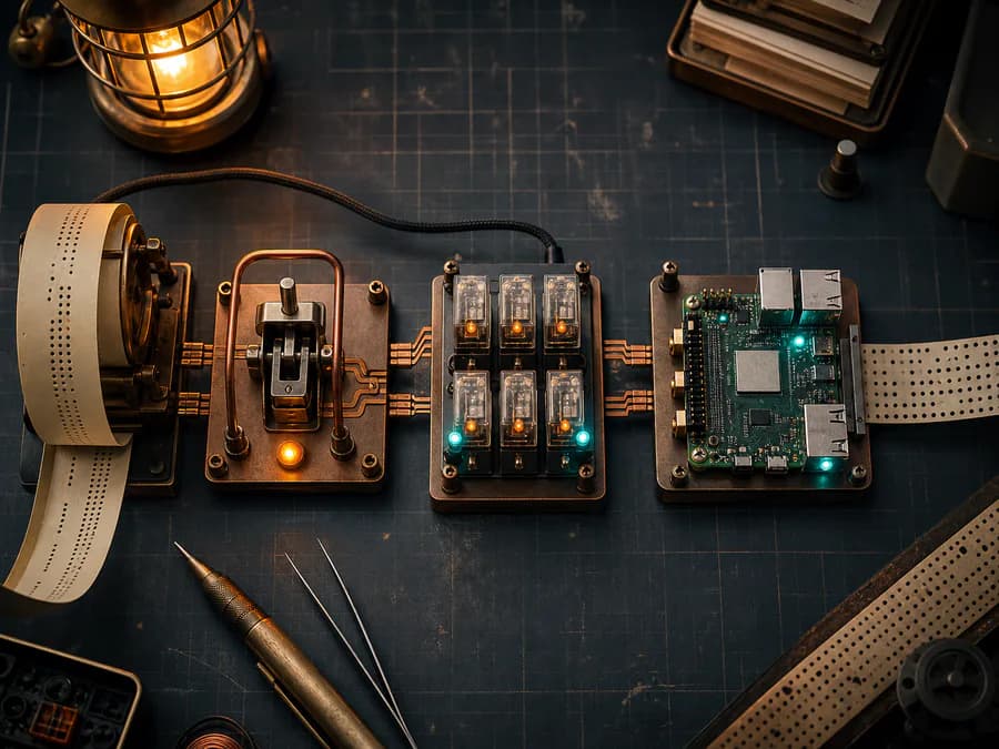 A top-down automation pipeline built from copper traces, relays, and a small computer