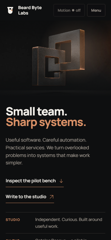 The Beard Byte Labs homepage as observed in a 390-pixel-wide Chromium viewport, before a direct offer link was added.